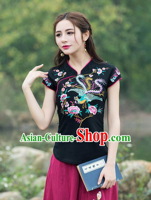 Traditional Chinese National Costume, Elegant Hanfu Embroidery Flowers Stand Collar Black T-Shirt, China Tang Suit Chirpaur Blouse Cheong-sam Upper Outer Garment Qipao Shirts Clothing for Women