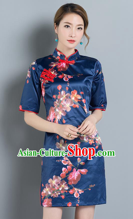 Traditional Ancient Chinese National Costume, Elegant Hanfu Mandarin Qipao Printing Blue Dress, China Tang Suit Chirpaur Republic of China Cheongsam Upper Outer Garment Elegant Dress Clothing for Women