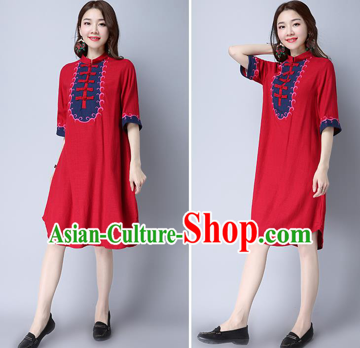 Traditional Ancient Chinese National Costume, Elegant Hanfu Mandarin Qipao Embroidered Red Linen Dress, China Tang Suit Chirpaur Republic of China Cheongsam Elegant Dress Clothing for Women