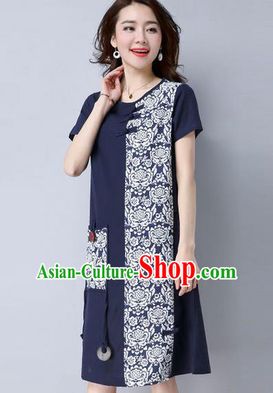 Traditional Ancient Chinese National Costume, Elegant Hanfu Mandarin Qipao Patch Printing Navy Dress, China Tang Suit Plated Buttons Chirpaur Elegant Dress Clothing for Women