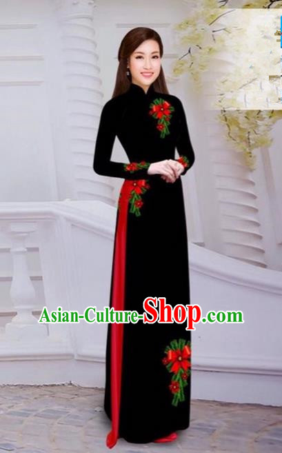 Top Grade Asian Vietnamese Traditional Dress, Vietnam Bride Ao Dai Hand Printing Flowers Dress, Vietnam Princess Black Dress Cheongsam Clothing for Women
