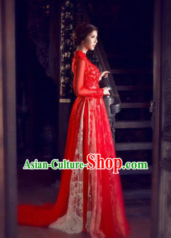 Top Grade Asian Vietnamese Traditional Dress, Vietnam Bride Ao Dai Dress,  Vietnam Princess Wedding Red Veil Full Dress Cheongsam Clothing for Women