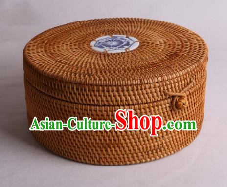 Top Asian Vietnamese Traditional Rattan Plaited Articles, Vietnam Blue and White Porcelain Tea Caddy Handicraft Canister