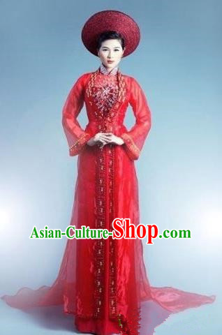 Top Grade Asian Vietnamese Traditional Dress, Vietnam Bride Ao Dai Dress, Vietnam Princess Wedding Red Veil Full Dress Cheongsam Clothing for Women
