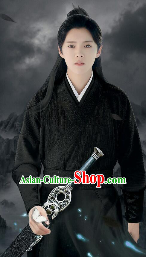 Chinese Ancient Tang Dynasty Swordsman Costume and Headpiece Complete Set, Fighter of the Destiny Traditional Chinese Ancient Kawaler Master Black Clothing for Men