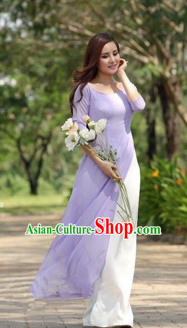 Vietnam Classical Cheongsam Asian Gradient Purple Qipao Dress with