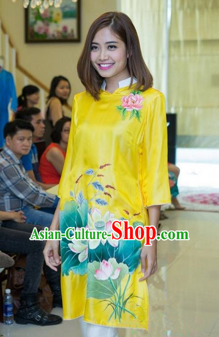 Top Grade Asian Vietnamese Traditional Dress, Vietnam National Young Lady Ao Dai Dress, Vietnam Bride Yellow Cheongsam Printing Blouse for Women