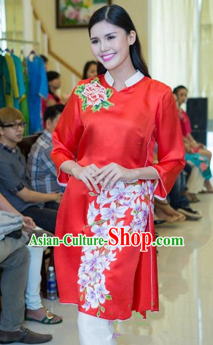 Top Grade Asian Vietnamese Traditional Dress, Vietnam National Young Lady Ao Dai Dress, Vietnam Bride Red Cheongsam Printing Blouse for Women