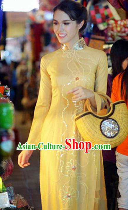 Top Grade Asian Vietnamese Traditional Dress, Vietnam National Young Lady  Ao Dai Dress, Vietnam Bride Yellow Cheongsam and Pants Complete Set for  Women