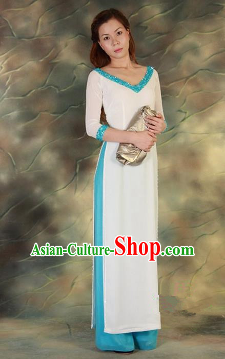 Top Grade Asian Vietnamese Traditional Dress, Vietnam National Young Lady Ao Dai Dress, Vietnam Queen White Cheongsam and Pants Complete Set for Women