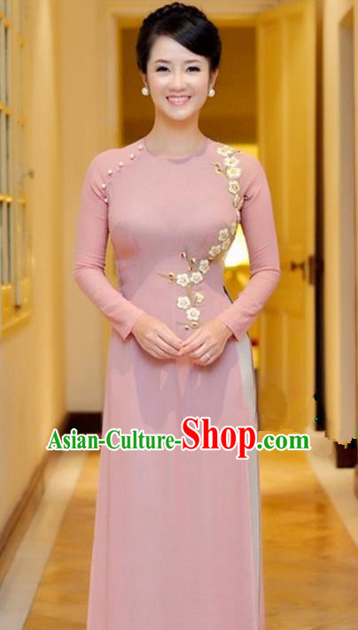 Top Grade Asian Vietnamese Traditional Dress, Vietnam National Princess Young Lady Ao Dai Dress, Vietnam Lady Pink Embroider Plum blossom Cheongsam and Pants Complete Set for Women