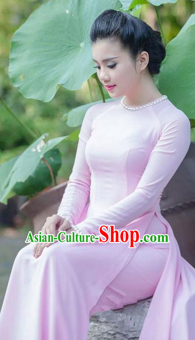 Top Grade Asian Vietnamese Traditional Dress, Vietnam National Young Lady Ao Dai Dress, Vietnam Princess Pink Chiffon Cheongsam Dress and Pants for Women