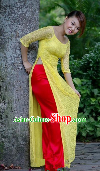 Top Grade Asian Vietnamese Traditional Dress, Vietnam National Young Lady Ao Dai Dress, Vietnam Princess Yellow Lace Cheongsam Dress and Pants for Women