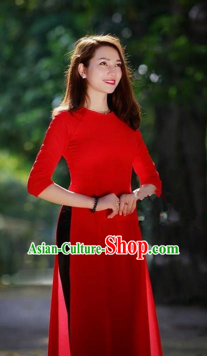 Top Grade Asian Vietnamese Traditional Dress, Vietnam National Young Lady Ao Dai Dress, Vietnam Princess Bride Red Cheongsam Dress and Pants for Women