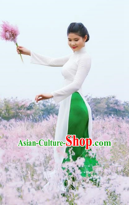 Top Grade Asian Vietnamese Traditional Dress, Vietnam National Dowager Ao Dai Dress, Vietnam White Dress and Pants Cheongsam Clothing for Woman