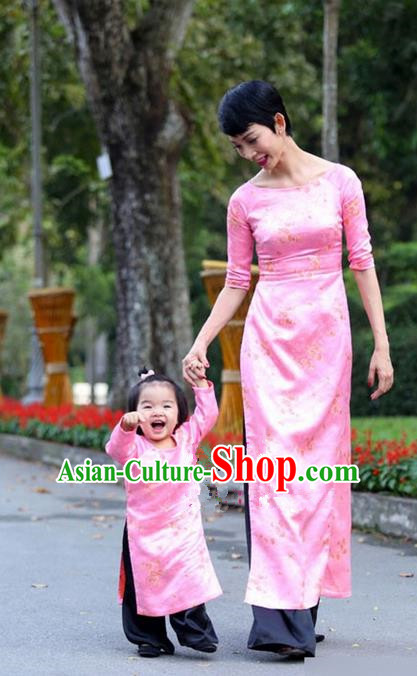 Top Grade Asian Vietnamese Traditional Dress, Vietnam National Farmwife Ao Dai Dress, Vietnam Pink Ao Dai Cheongsam Mother-child Dress Clothing for Woman