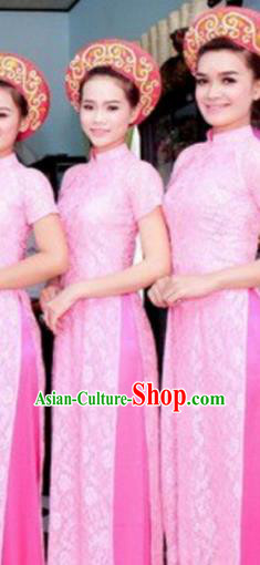 Top Grade Asian Vietnamese Traditional Dress, Vietnam National Princess Ao Dai Dress, Vietnam Bride Pink Lace Ao Dai Cheongsam Dress Clothing for Woman