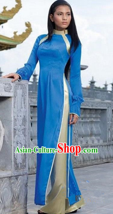 Top Grade Asian Vietnamese Traditional Dress, Vietnam National Princess Ao Dai Dress, Vietnam Blue Ao Dai Cheongsam Dress Clothing for Woman
