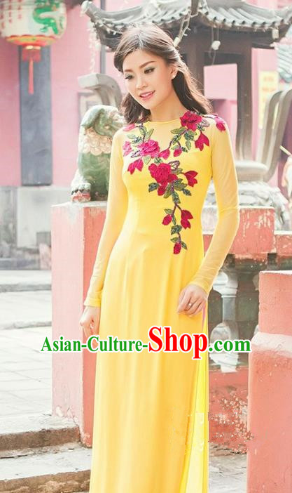Top Grade Asian Vietnamese Traditional Dress, Vietnam National Princess Ao Dai Dress, Vietnam Yellow Embroidered Ao Dai Cheongsam Dress and Pants Complete Set for Woman