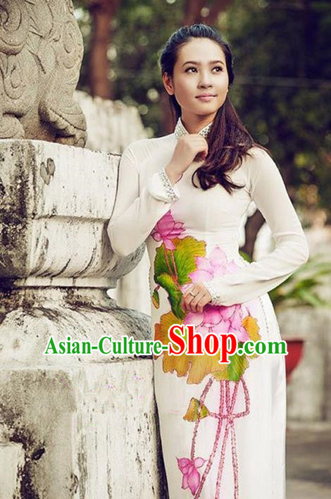 Top Grade Asian Vietnamese Traditional Dress, Vietnam National Princess Ao Dai Dress, Vietnam Printing Lotus Ao Dai Cheongsam Dress and Pants Clothing for Woman