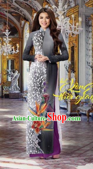 Top Grade Asian Vietnamese Traditional Dress, Vietnam National Queen Ao Dai Dress, Vietnam Palace Princess Black Printing Ao Dai Cheongsam Dress Clothing for Woman