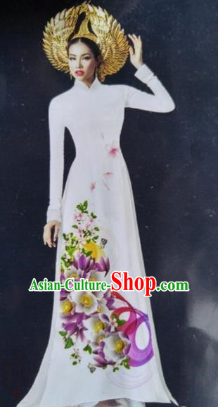 Top Grade Asian Vietnamese Traditional Dress, Vietnam National Queen Ao Dai Dress, Vietnam Palace Princess White Printing Ao Dai Cheongsam Dress Clothing for Woman