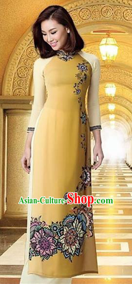 Top Grade Asian Vietnamese Traditional Dress, Vietnam National Queen Ao Dai Dress, Vietnam Palace Princess Yellow Printing Ao Dai Cheongsam Dress Clothing for Woman