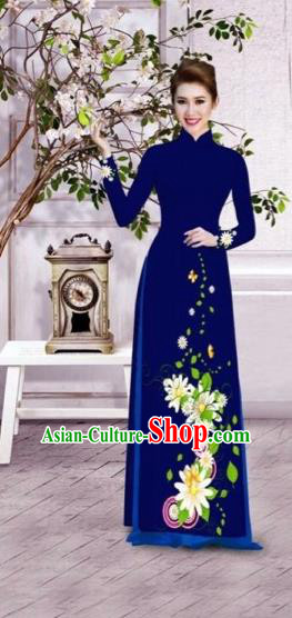 Vietnam Traditional Court Costume Printing Flowers Black Ao Dai Dress Asian  Vietnamese Cheongsam for Women
