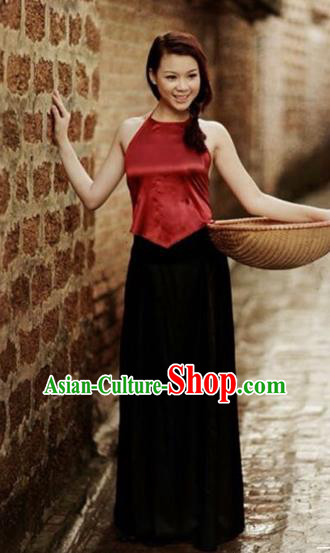 Traditional Top Grade Asian Vietnamese Costumes, Vietnam National Female Handmade Ao Dai Red Bellyband for Women