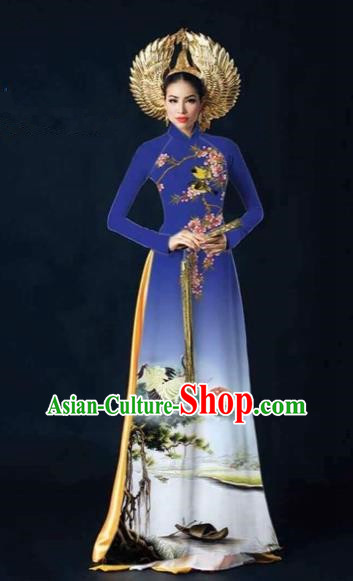 Traditional Top Grade Asian Vietnamese Costumes Dance Dress and Pants, Vietnam National Female Printing Crane Blue Ao Dai Dress Cheongsam Clothing Complete Set for Women