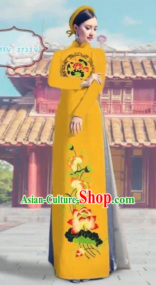 Traditional Top Grade Asian Vietnamese Costumes Dance Dress, Vietnam National Female Printing Lotus Yellow Ao Dai Dress Cheongsam Clothing Complete Set for Women