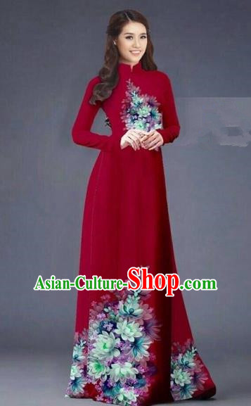 Traditional Top Grade Asian Vietnamese Costumes Dance Dress, Vietnam National Women Ao Dai Dress Printing Flowers Long Red Cheongsam Clothing