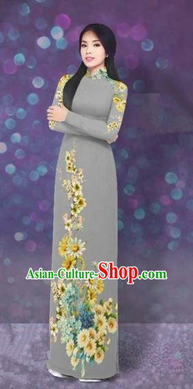 Traditional Top Grade Asian Vietnamese Costumes Dance Dress, Vietnam National Women Ao Dai Dress Printing Daisy Flowers Long Grey Cheongsam Clothing