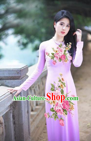 Traditional Top Grade Asian Vietnamese Costumes Classical Printing Pink Flowers Full Dress, Vietnam National Ao Dai Dress Etiquette Qipao for Women