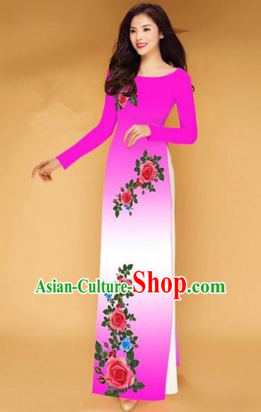 Traditional Top Grade Asian Vietnamese Costumes Classical Printing Rose Flowers Full Dress, Vietnam National Ao Dai Dress Pink Etiquette Qipao for Women