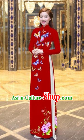 Traditional Top Grade Asian Vietnamese Costumes Classical Printing Butterfly Pattern Full Dress, Vietnam National Ao Dai Dress Red Etiquette Qipao for Women