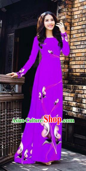 Traditional Top Grade Asian Vietnamese Costumes Classical Printing Flowers Pattern Full Dress, Vietnam National Ao Dai Dress Purple Etiquette Qipao for Women
