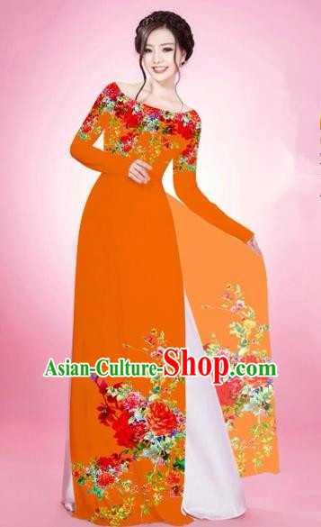Traditional Top Grade Asian Vietnamese Costumes, Vietnam National Women Ao Dai Dress Embroidery Orange Clothing