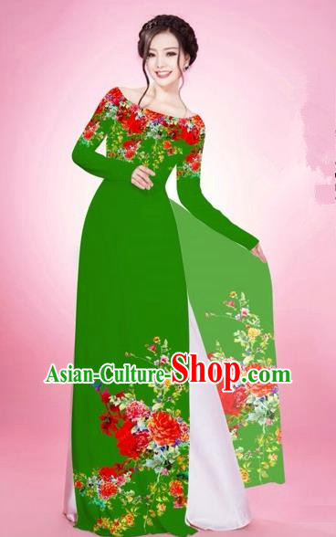 Traditional Top Grade Asian Vietnamese Costumes, Vietnam National Women Ao Dai Dress Embroidery Green Clothing