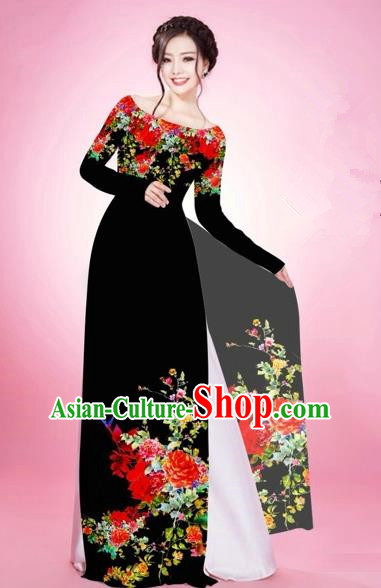 Traditional Top Grade Asian Vietnamese Costumes, Vietnam National Women Ao Dai Dress Embroidery Black Clothing