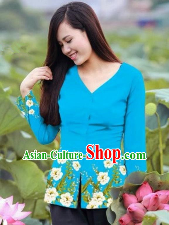 Traditional Top Grade Asian Vietnamese Costumes, Vietnam National Ao Dai Printing Blue Blouse for Women