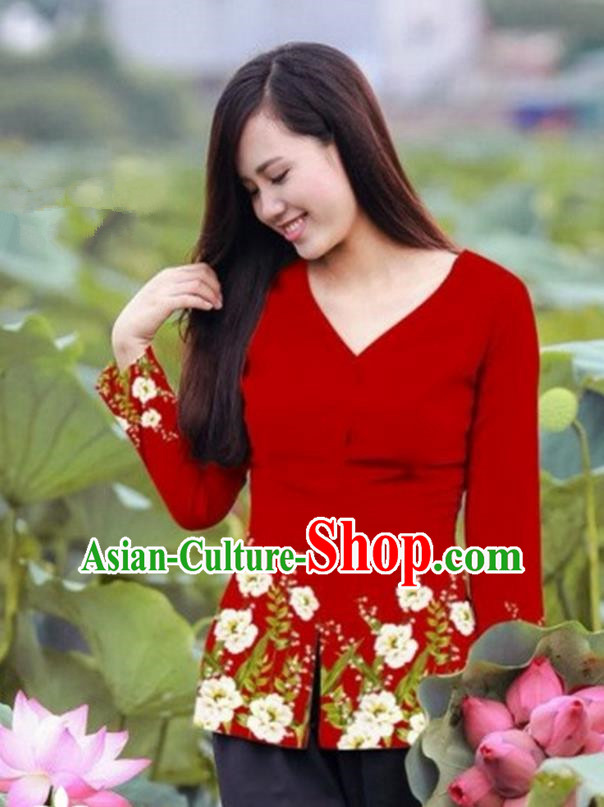 Traditional Top Grade Asian Vietnamese Costumes, Vietnam National Ao Dai Printing Red Blouse for Women