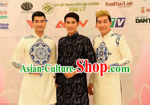 Traditional Top Grade Asian Vietnamese Costumes Classical Hand Printing Wedding Dress, Vietnam National Bridegroom Clothing for Men