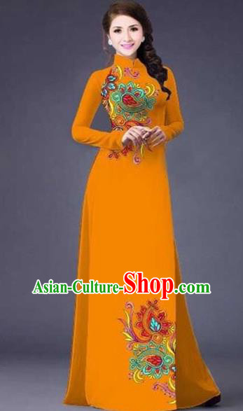 Traditional Top Grade Asian Vietnamese Costumes Classical Printing Flowers Pattern Full Dress, Vietnam National Ao Dai Dress Catwalks Ginger Qipao for Women