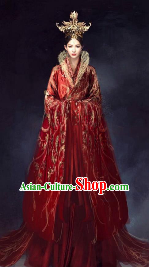 Traditional Chinese Ancient Shang Dynasty Imperial Empress Tailing Embroidered Costume, China Mythology Television Zhao Ge Ancient Palace Queen Wedding Clothing and Headpiece Complete Set for Women