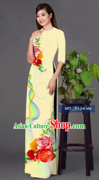 Traditional Top Grade Asian Vietnamese Costumes Classical Princess Printing Cheongsam, Vietnam National Ao Dai Dress Light Yellow Full Dress for Women