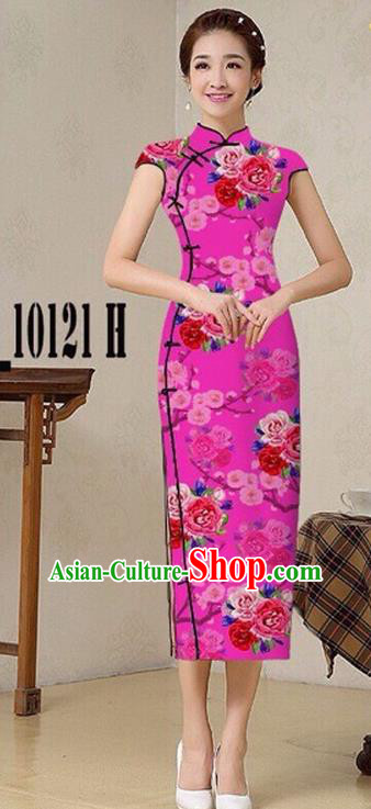 Traditional Top Grade Chinese Costumes Classical Catwalks Printing Princess Cheongsam, China National Rosy Chi-pao Dress for Women