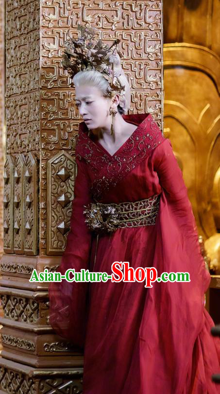 Traditional Chinese Ancient Shang Dynasty Palace Old Women Costume, China Mythology Television Zhao Ge Ancient Female Embroidery Clothing and Headwear Complete Set