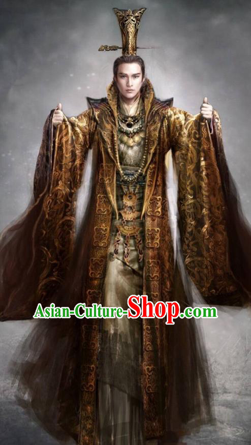 Traditional Chinese Ancient Shang Dynasty Imperial Emperor Costume, China Mythology Television Zhao Ge Ancient Majesty Robes Clothing and Handmade Headpiece Complete Set