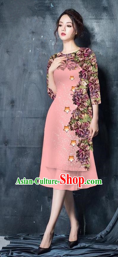 Traditional Top Grade Asian Vietnamese Costumes Classical Printing Pink Cheongsam, Vietnam National Vietnamese Bride Ao Dai Dress for Women